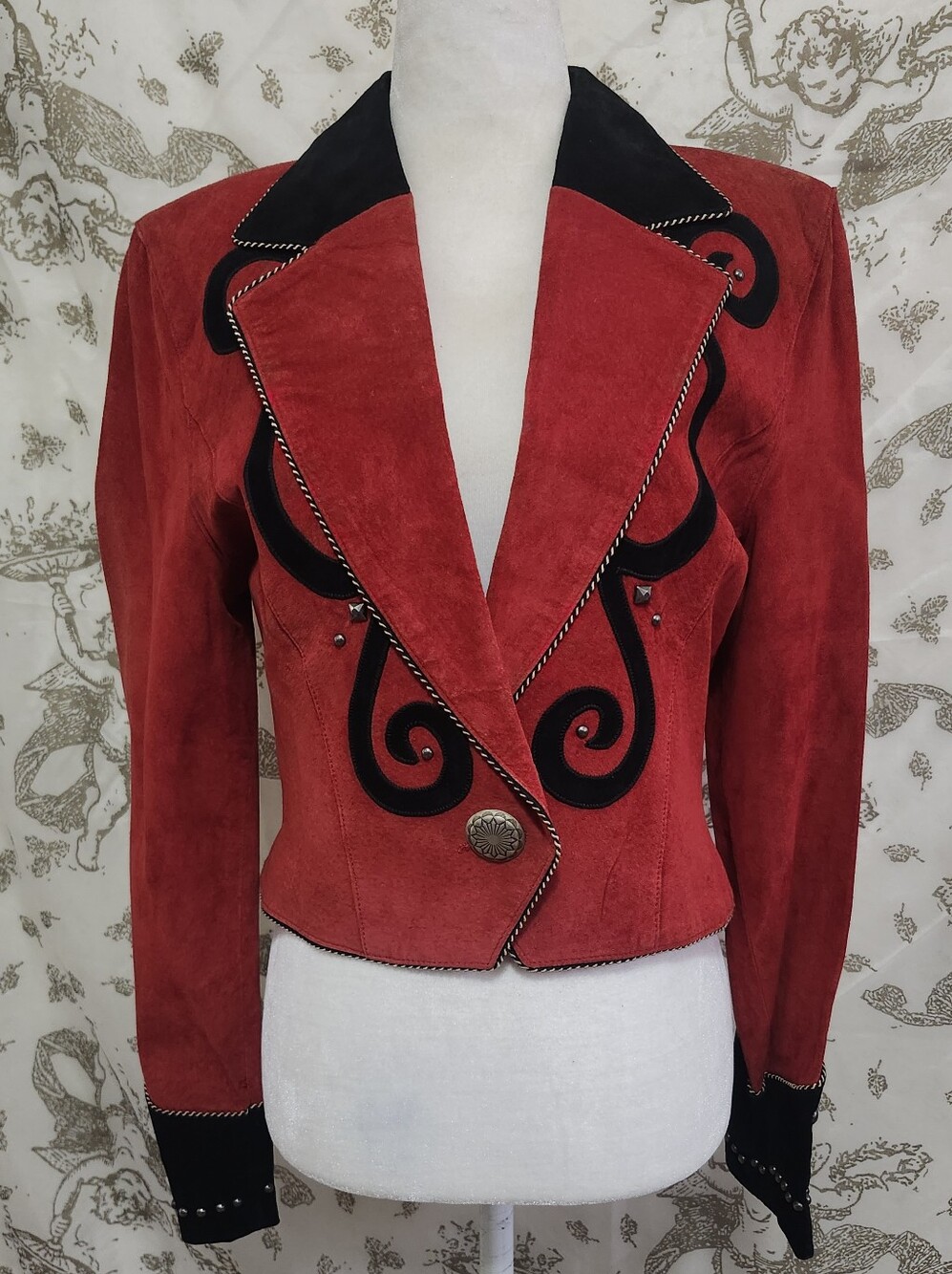 Stunning Red/Black Studded Lined Western Country Rock Glam 80s 90s Suede Bolero